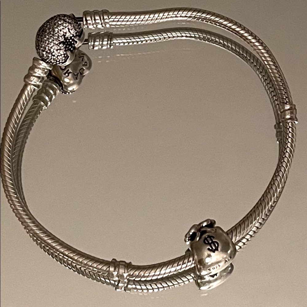Pandora Heart Snake Bracelet With Money Bag Charm.